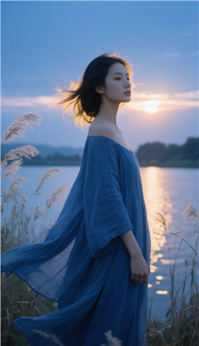 傍晚时分站在湖边的美女图片